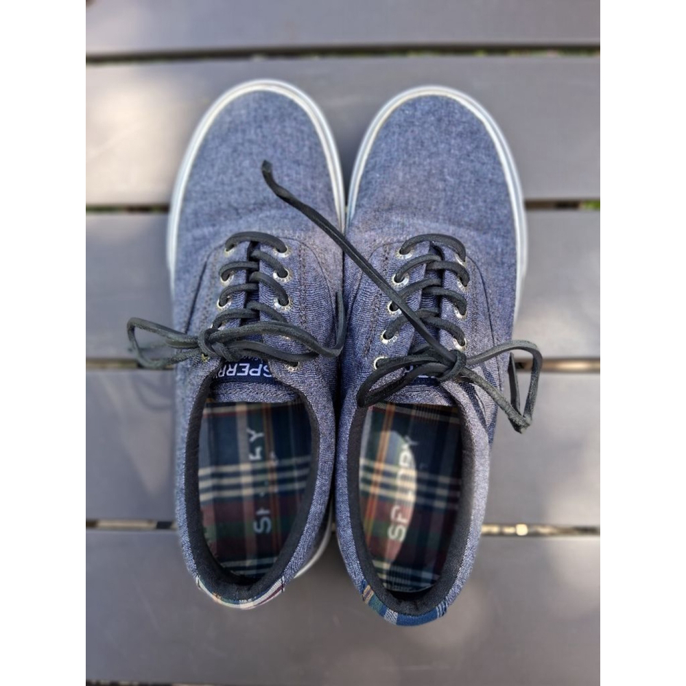 Men's Sperry Blue Denim Canvas Sneakers US 8.5 with White Soles Preppy - Picture 5 of 13